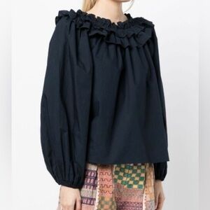 Ulla Johnson | Women’s Navy Blue Double Ruffle Elastic Neckline Olga Top Size 2